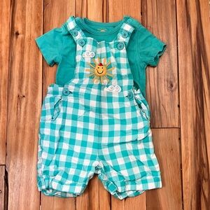 Charming Frugi Organic Cotton Teal Checkered Overalls with Sun Design